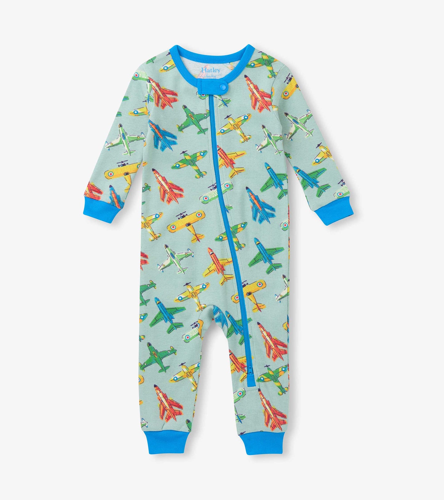 Light blue baby sleeper with colorful airplane print, blue trim, front zipper, and long sleeves.