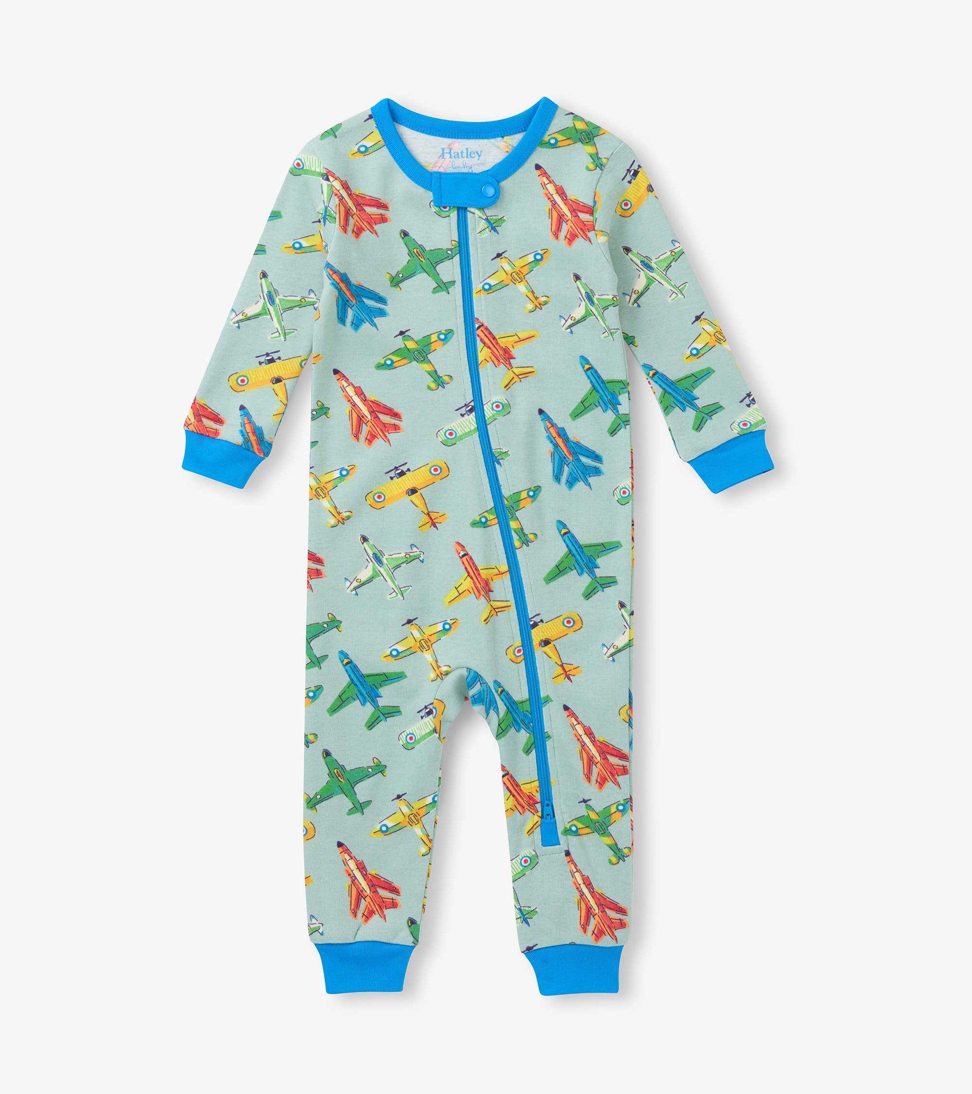 Light blue baby sleeper with colorful airplane print, blue trim, front zipper, and long sleeves.