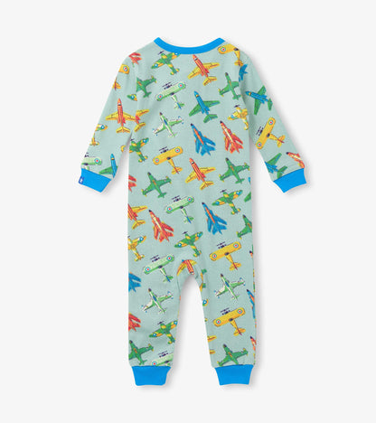 Light blue long-sleeve baby sleeper with colorful vintage airplane print and bright blue cuffs and trim
