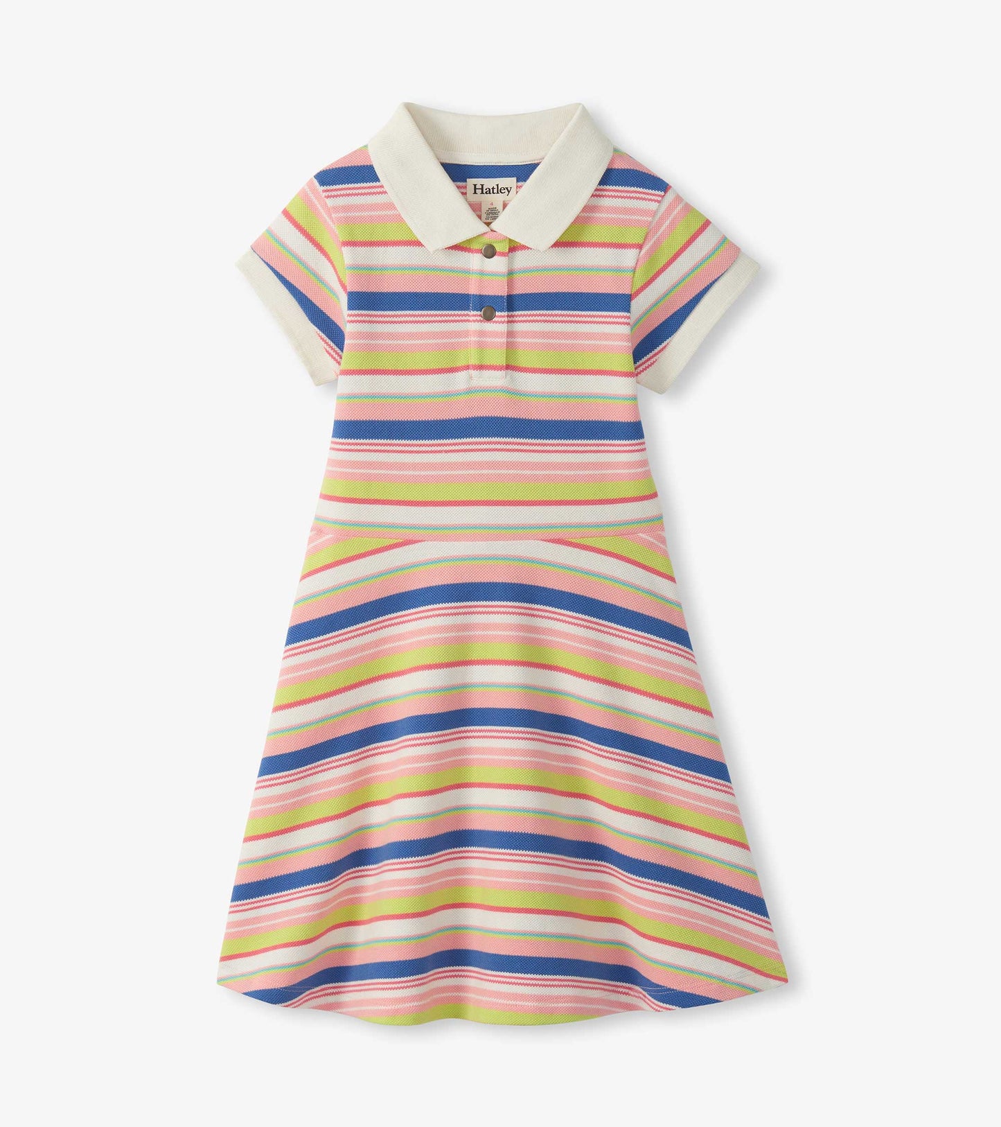 Girls striped polo dress with cream collar, short sleeves, and multicolor horizontal stripes
