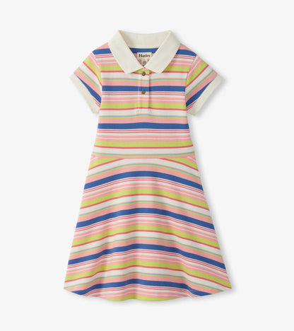 Girls striped polo dress with cream collar, short sleeves, and multicolor horizontal stripes