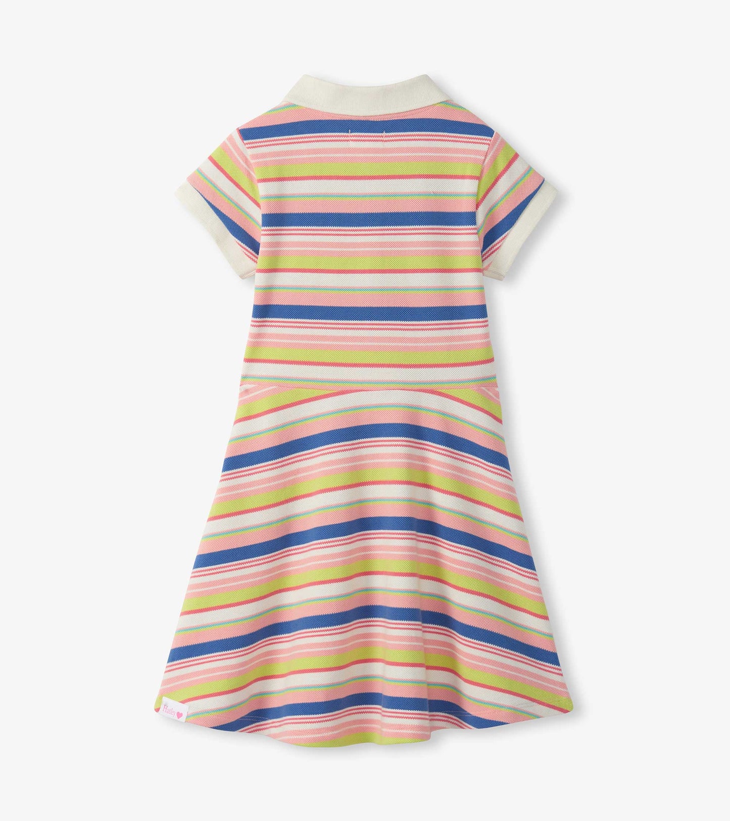 Girls striped pique polo dress with short sleeves and flared skirt, back view, in pink, blue, green, and white