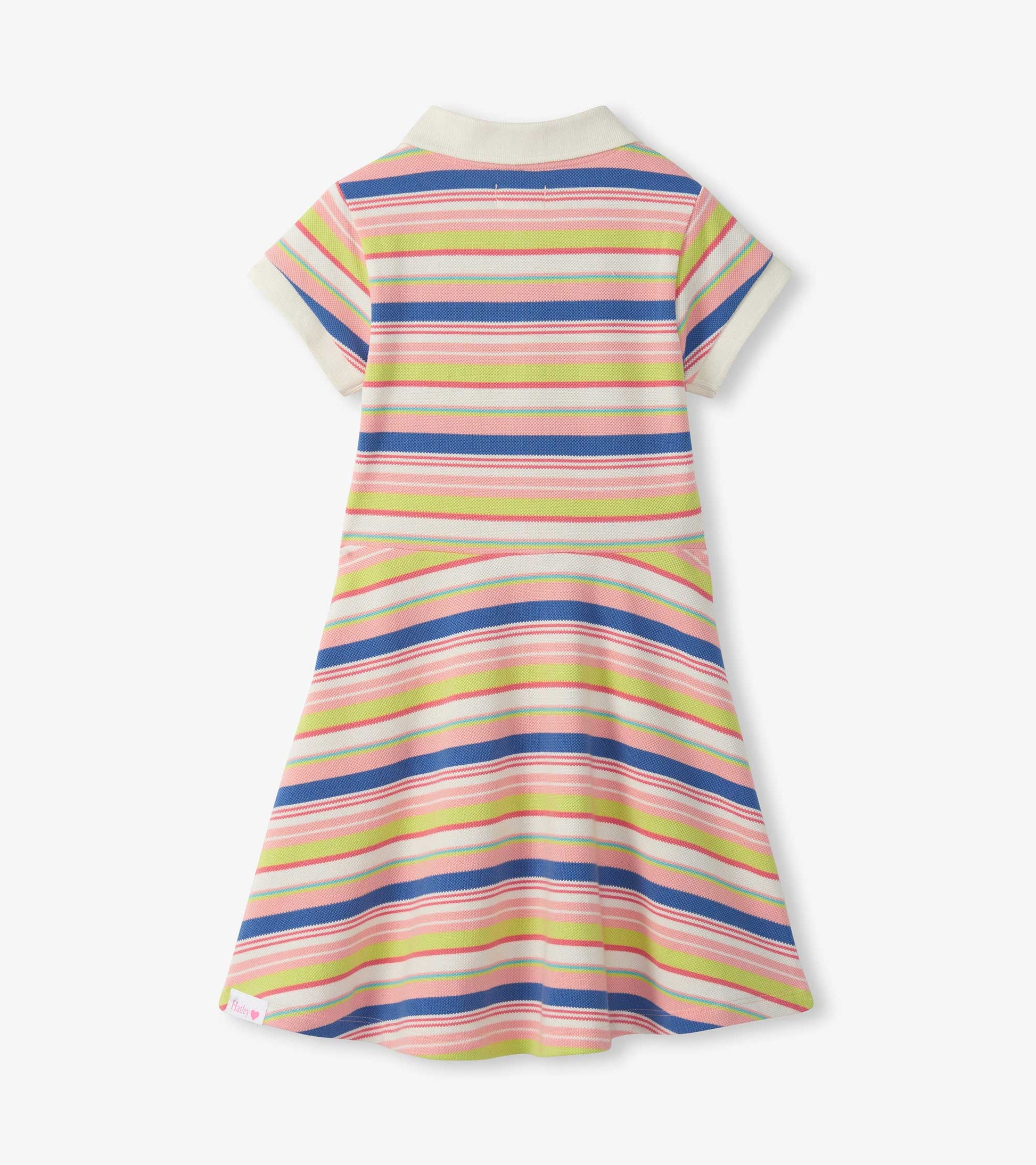 Girls striped pique polo dress with short sleeves and flared skirt, back view, in pink, blue, green, and white