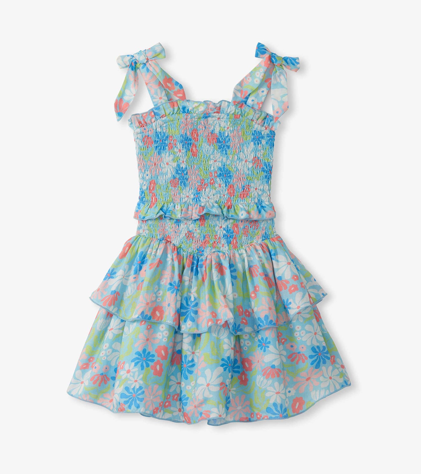 Girls blue floral smocked dress with tie shoulder straps and tiered ruffle skirt