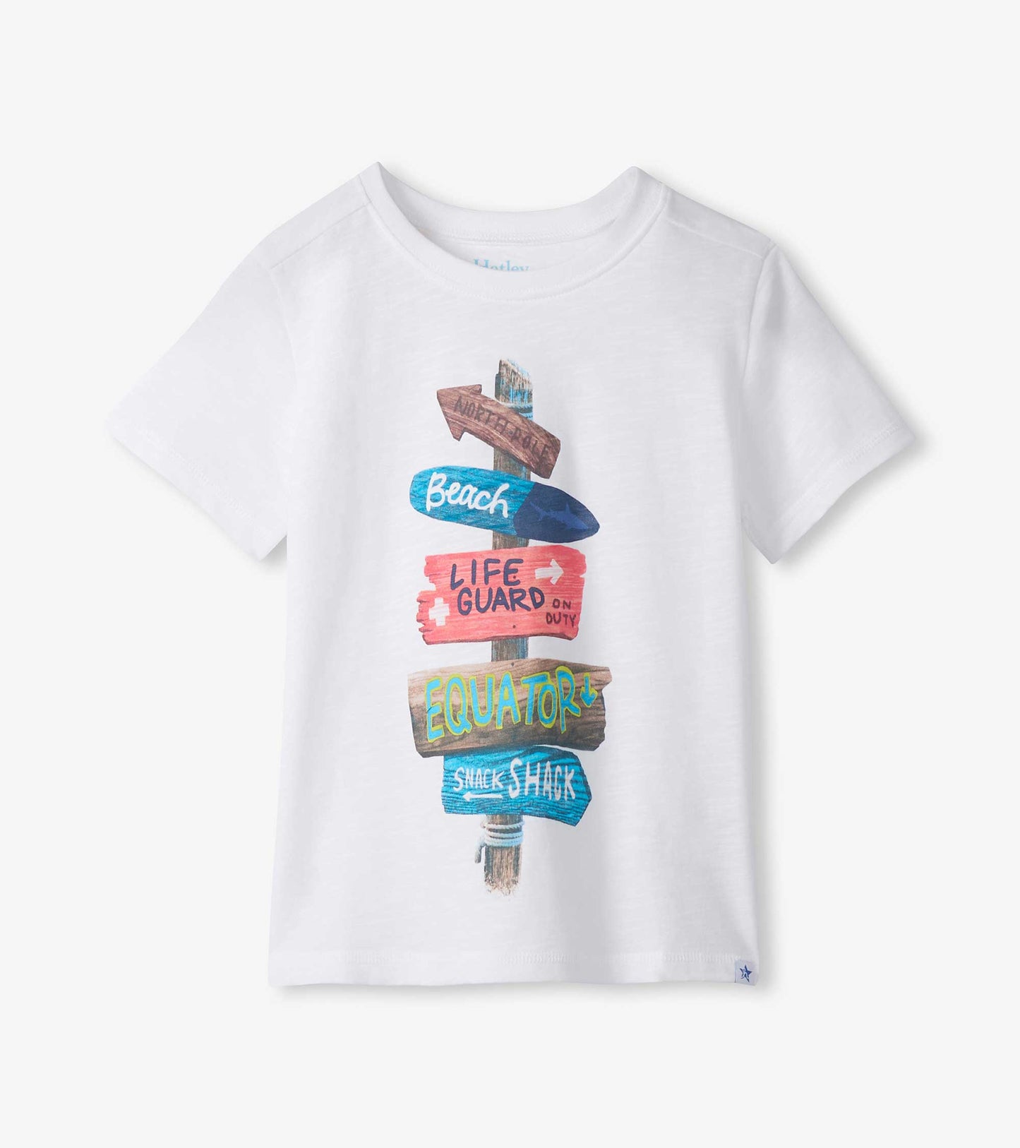 White short-sleeve boys T-shirt with colorful beach signpost graphic on the front