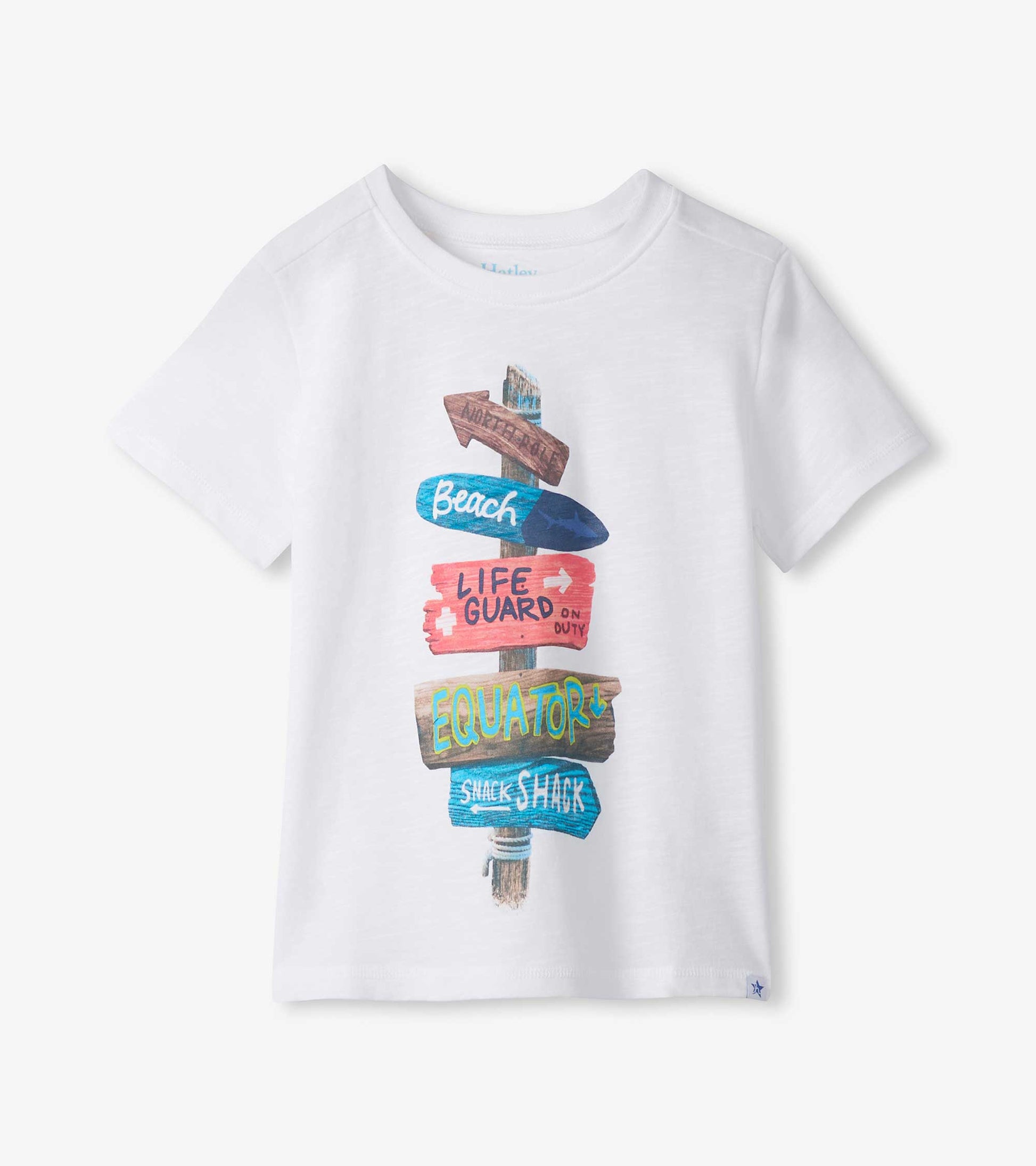 White short-sleeve boys T-shirt with colorful beach signpost graphic on the front