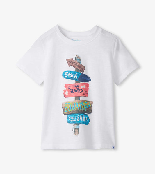 White short-sleeve boys T-shirt with colorful beach signpost graphic on the front