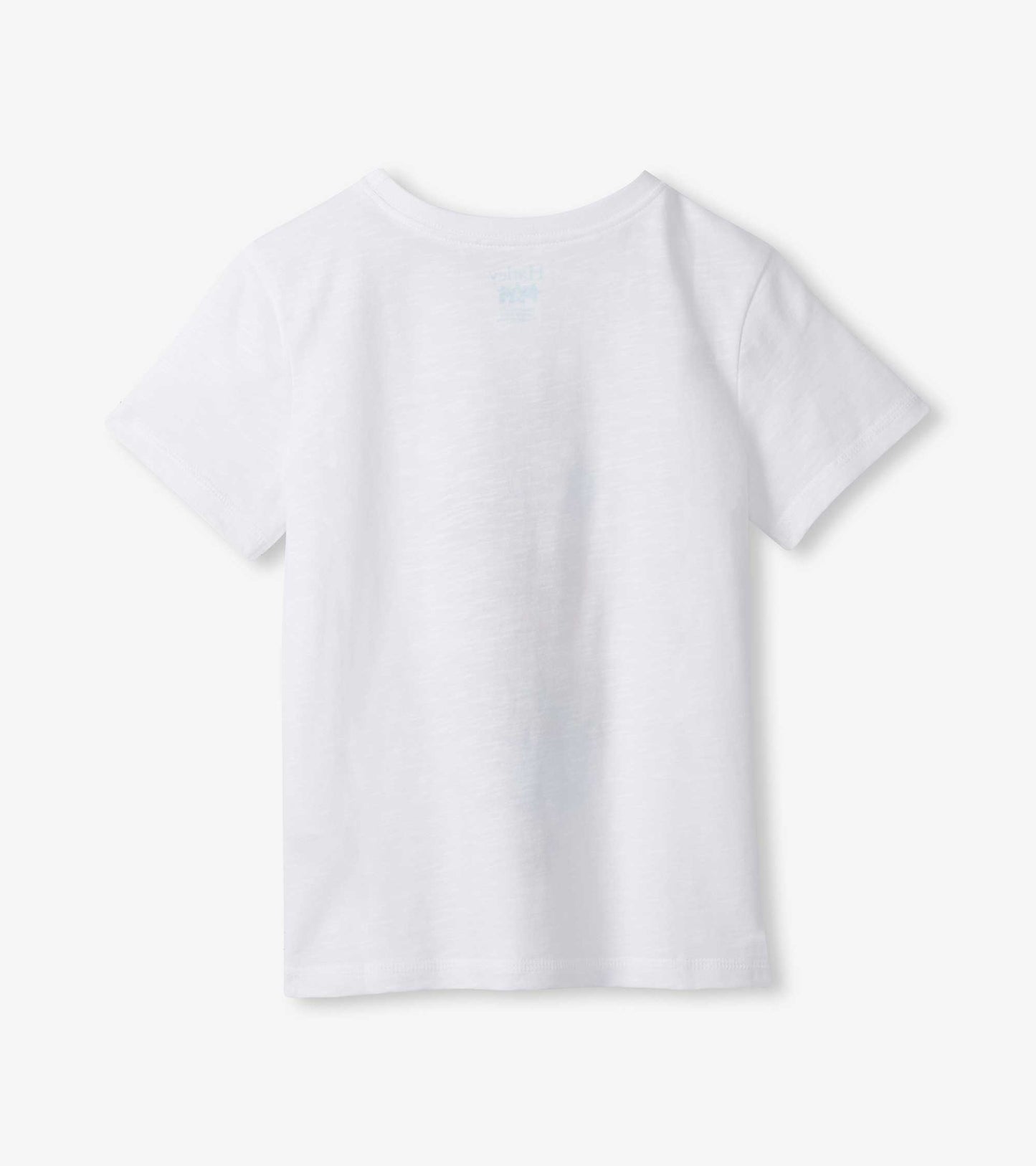 White short-sleeve crewneck T-shirt with small chest graphic, back view