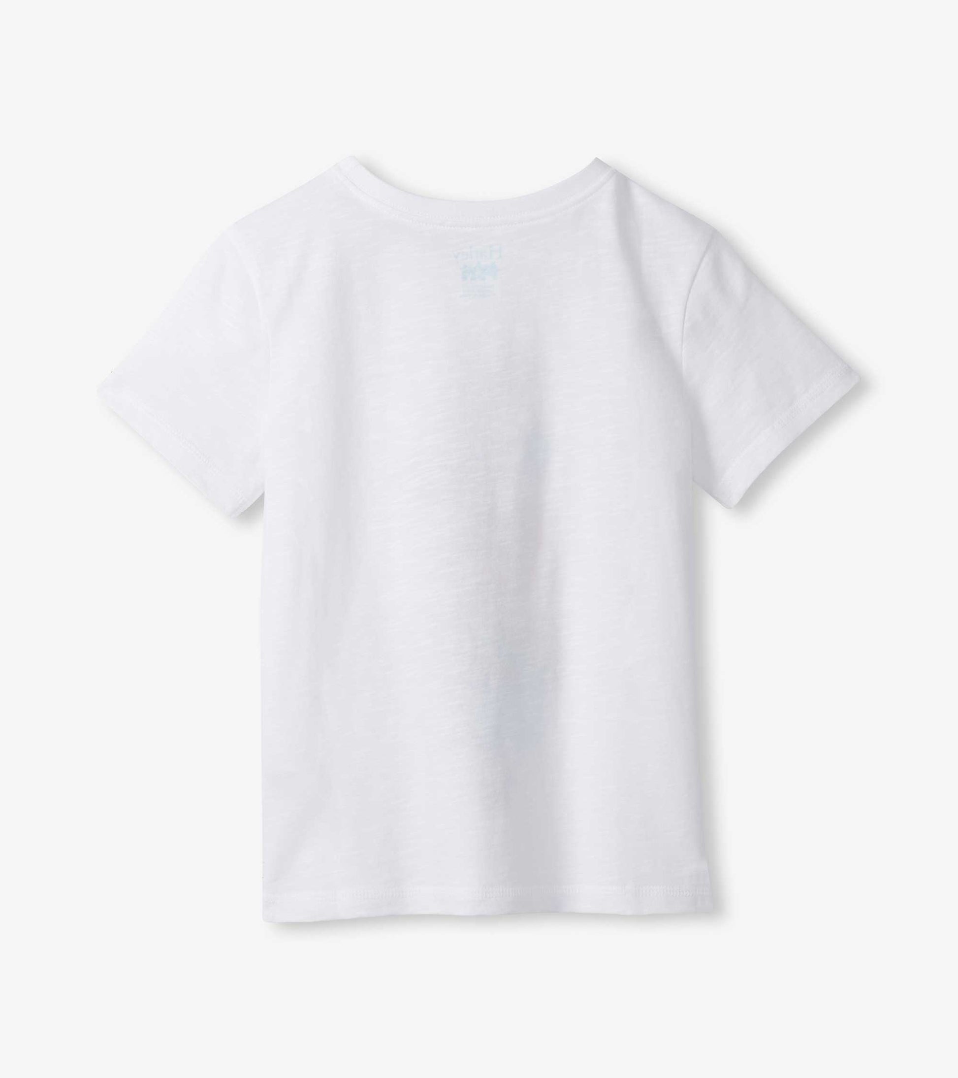 White short-sleeve crewneck T-shirt with small chest graphic, back view