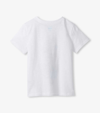 White short-sleeve crewneck T-shirt with small chest graphic, back view