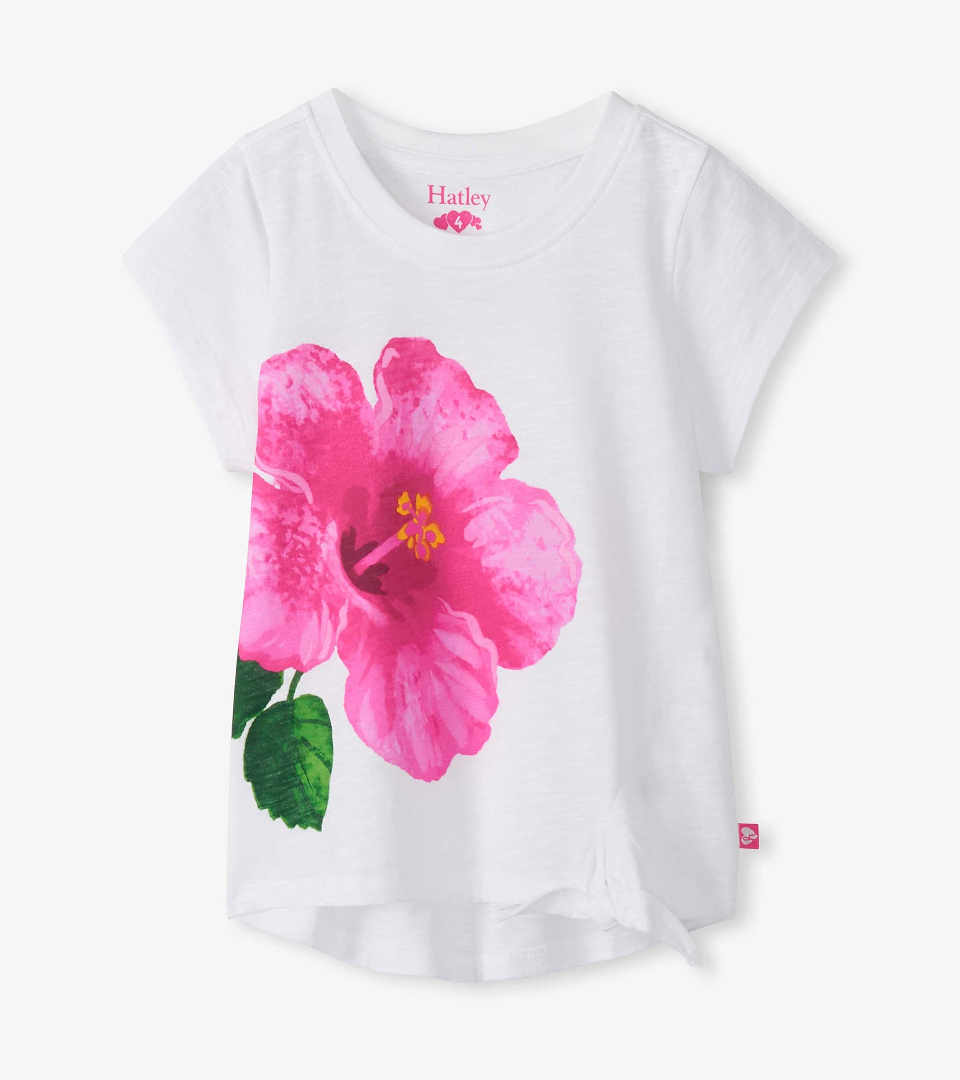 White girls T-shirt with large pink hibiscus print and short sleeves, front view