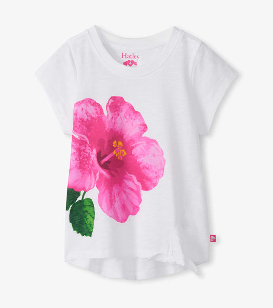 White girls T-shirt with large pink hibiscus print and short sleeves, front view