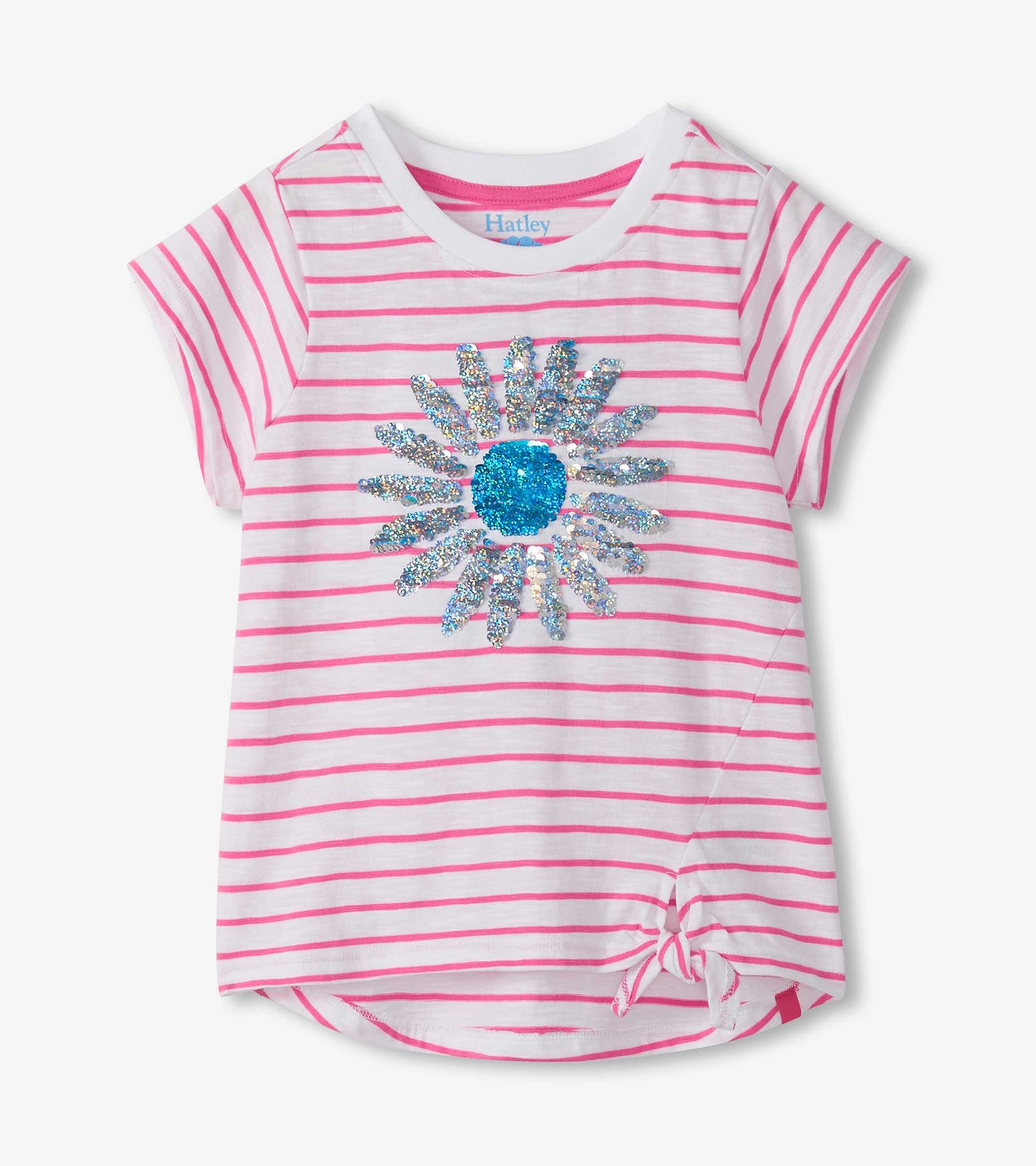 White girls' short-sleeve T-shirt with pink stripes, sequin flower graphic, and tie front.