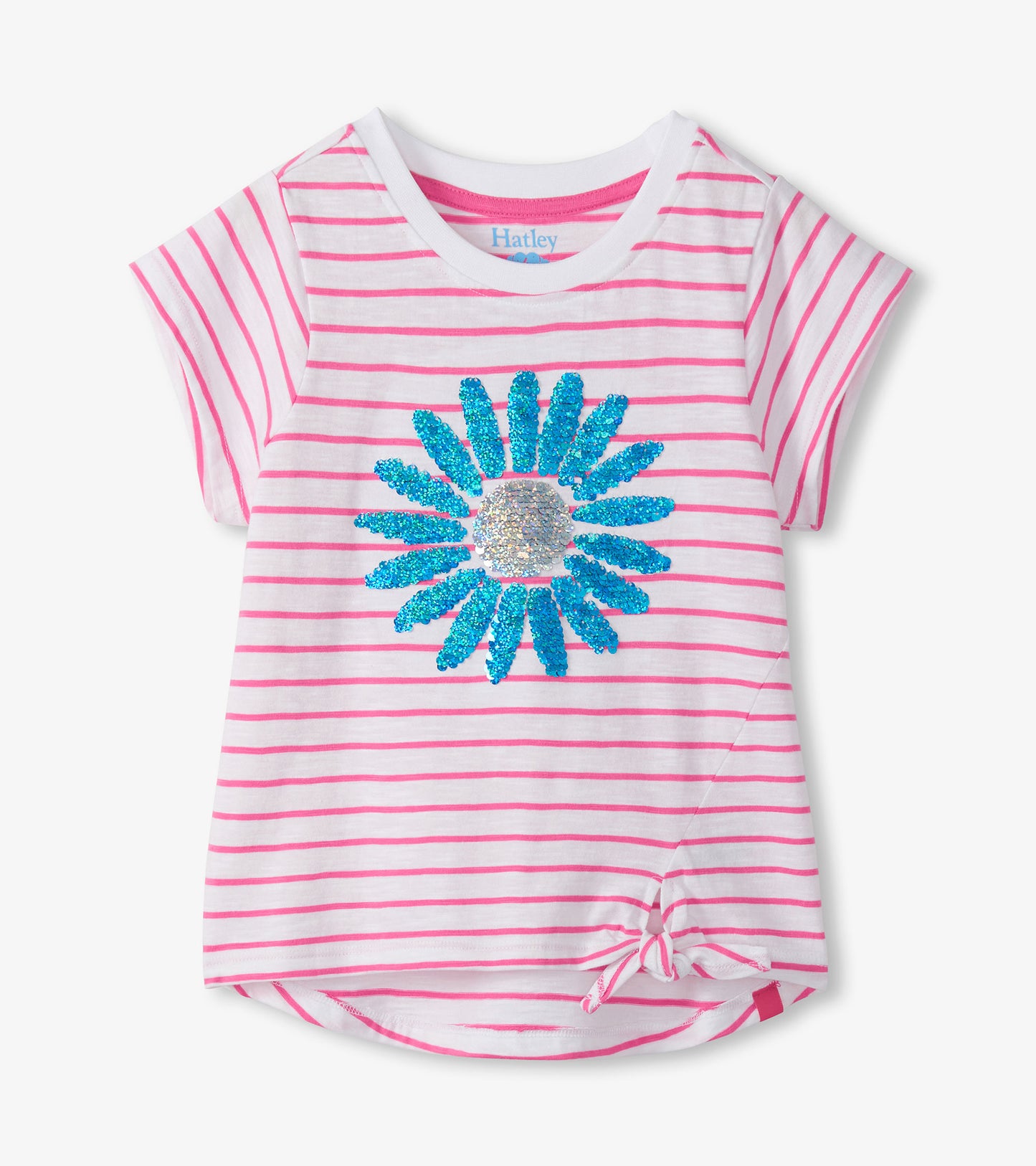 White girls' T-shirt with pink stripes, blue sequin flower graphic, and front tie hem