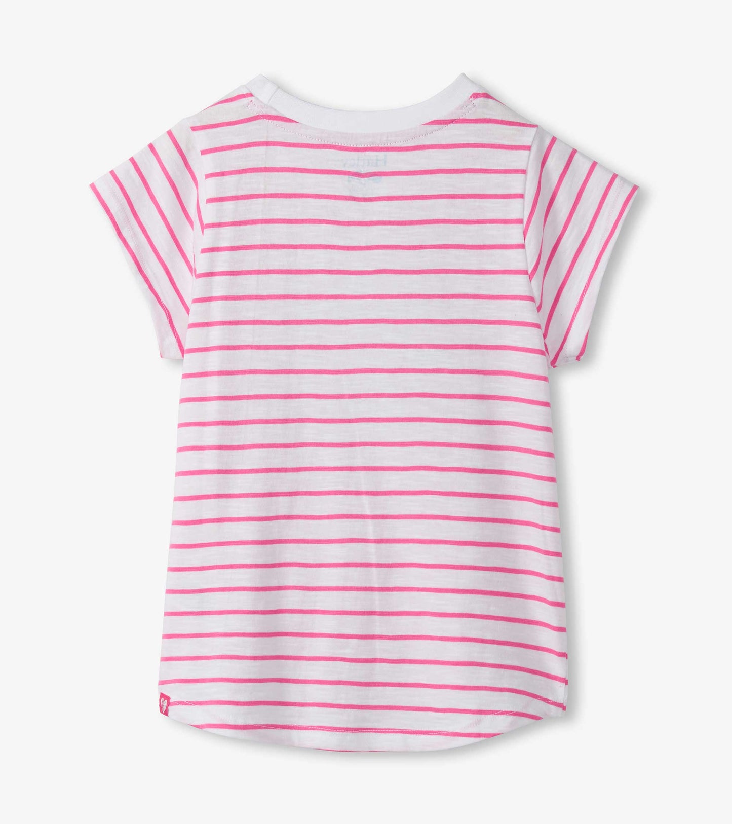 White girls' T-shirt with pink horizontal stripes and short sleeves, back view