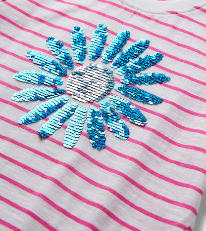 Girls white and pink striped T-shirt with blue sequin flower graphic, close-up front view
