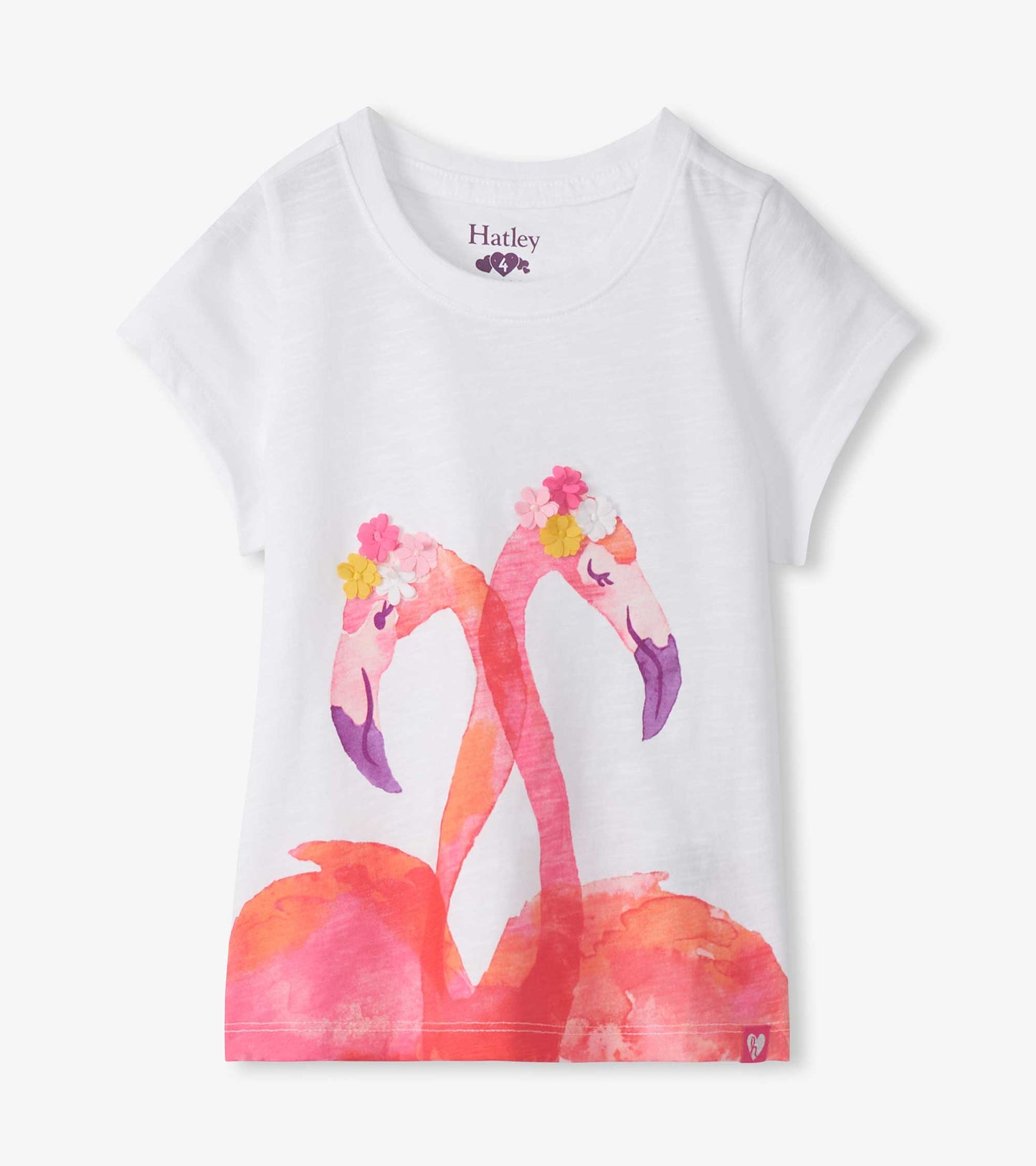 White girls' short-sleeve tee with pink flamingo graphic and floral accents, front view