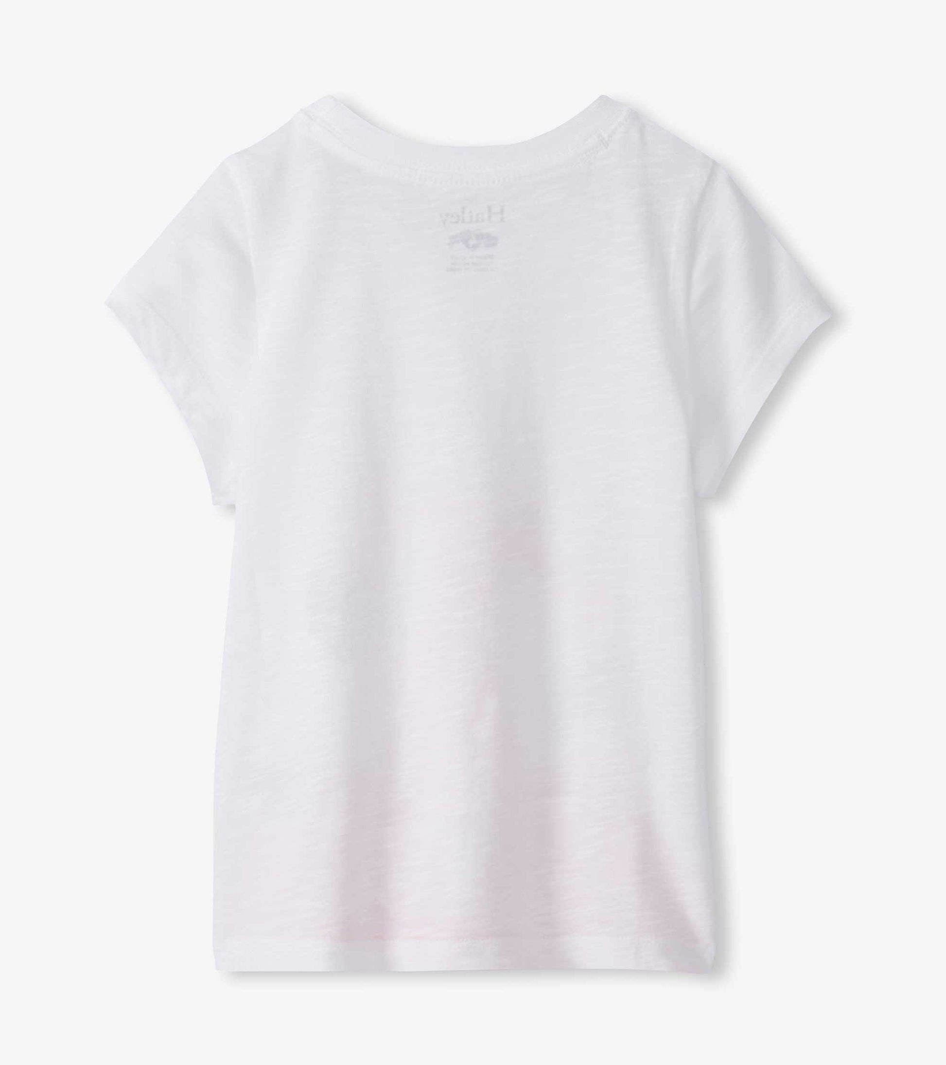 White girls graphic tee with short sleeves and flamingo print on the back, shown flat front view