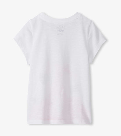 White girls graphic tee with short sleeves and flamingo print on the back, shown flat front view