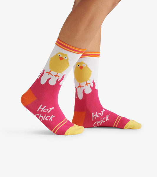 Colorful crew socks featuring yellow chicks and a pink flame pattern, with orange and yellow accents. One size fits all.