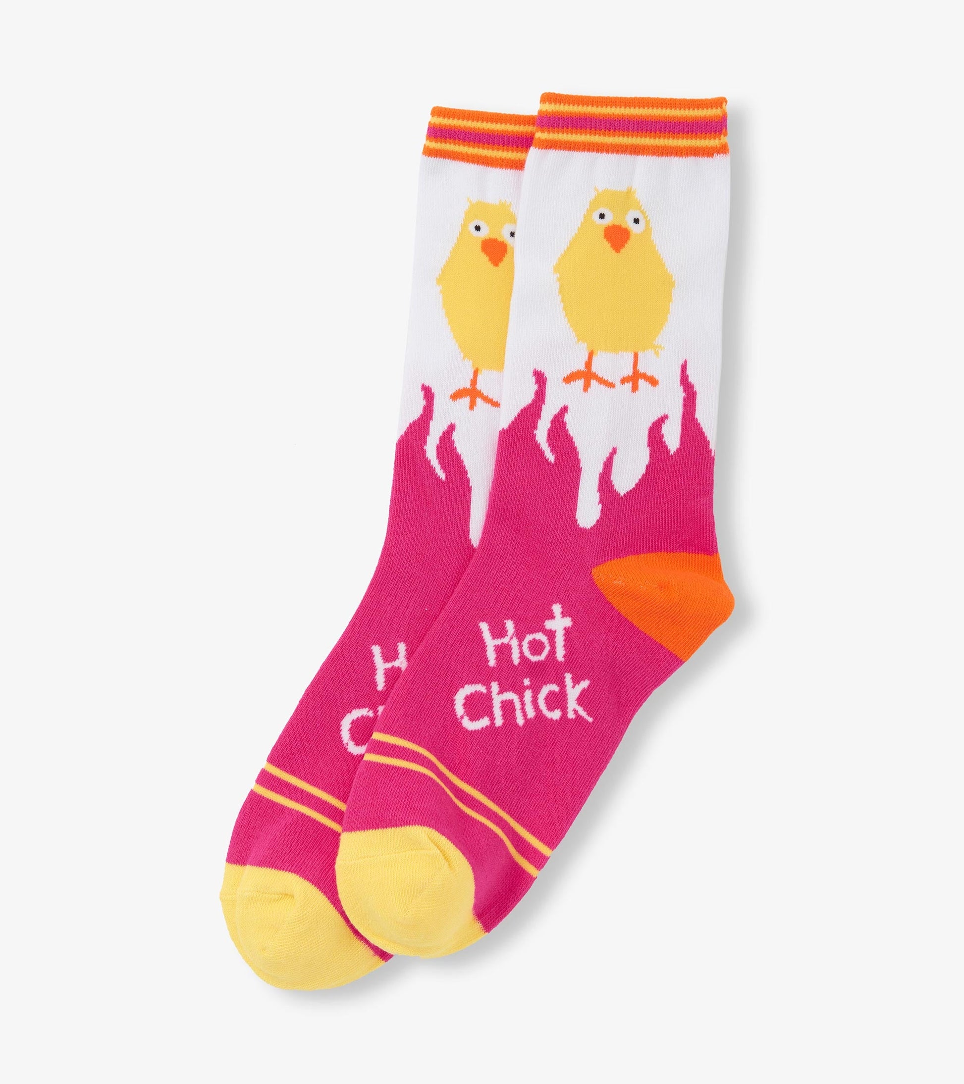White crew socks with yellow chick design, pink flames, and orange toe. Fun and colorful for casual wear.