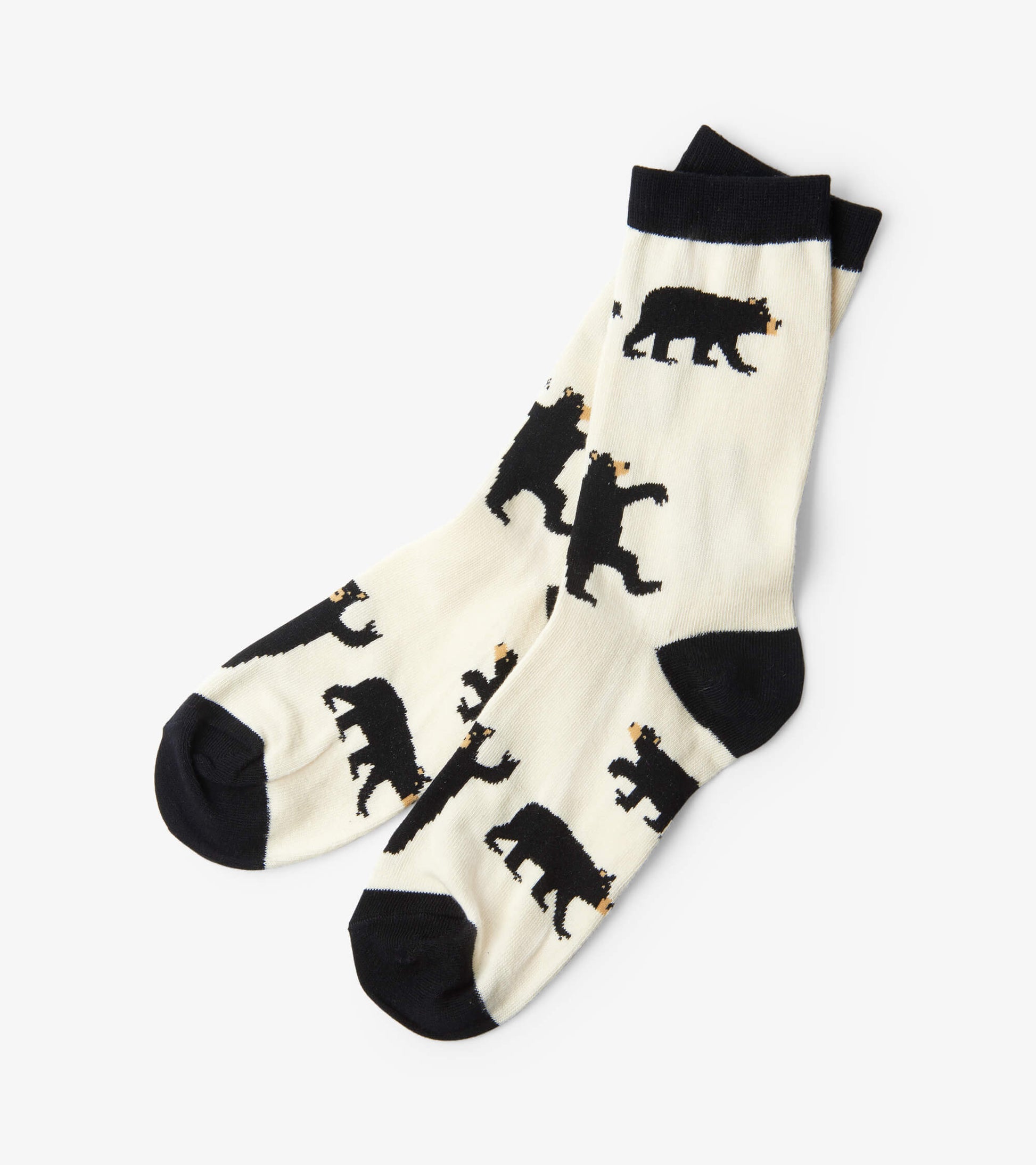 Cream socks featuring black bear patterns with a dark cuff and toe, suitable for casual wear.