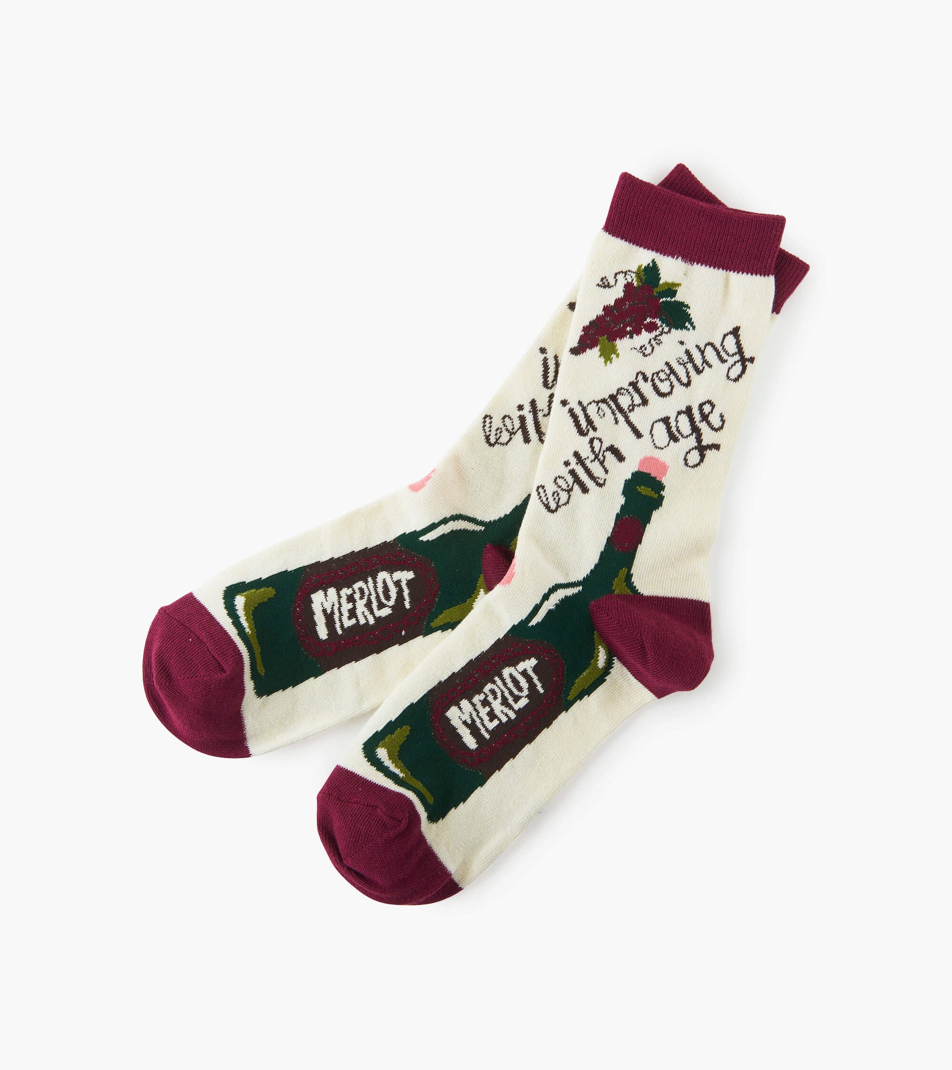 Cream crew socks featuring a wine bottle and grape design with burgundy accents and the phrase "Improving with age.
