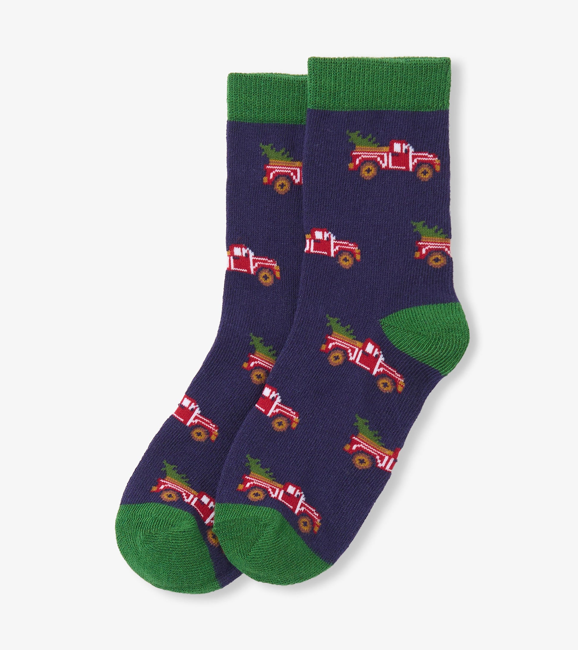 Red truck pattern on navy socks with green cuffs and toes, designed for boys aged 2-7.