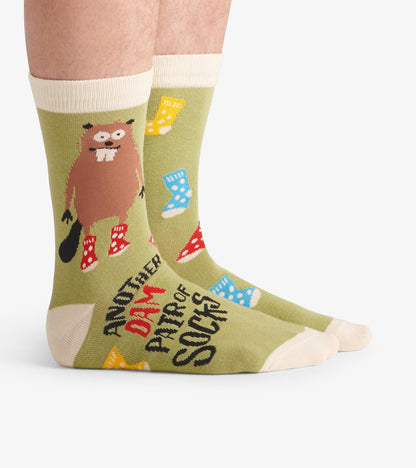 Men's crew socks featuring a playful beaver design on a green background with colorful sock patterns.