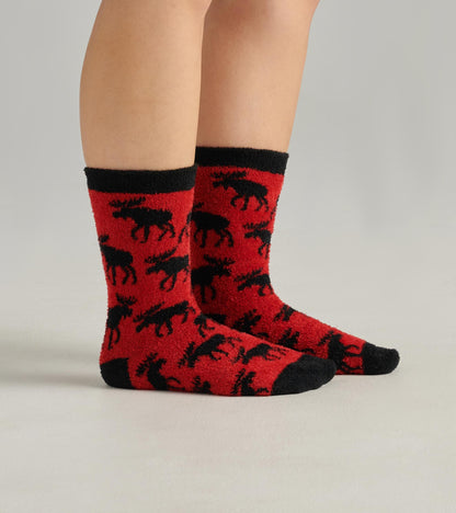 Moose On Red Fuzzy Socks