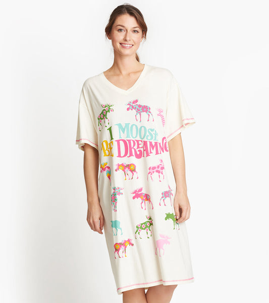 Cream-colored sleepshirt featuring colorful moose graphics and the text "I Moose Be Dreaming," with a V-neck design.