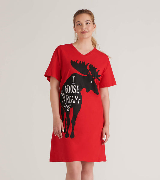Red short-sleeve sleepshirt featuring a black moose graphic and text design, with a relaxed fit and V-neckline.