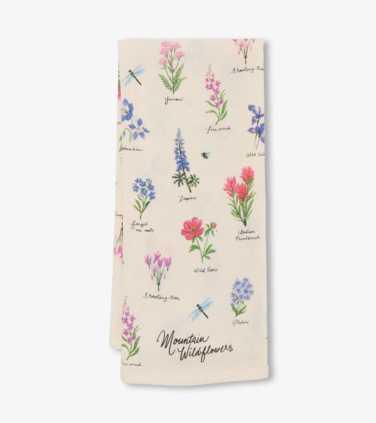 Cream tea towel featuring colorful wildflower illustrations and text labels, perfect for kitchen use.