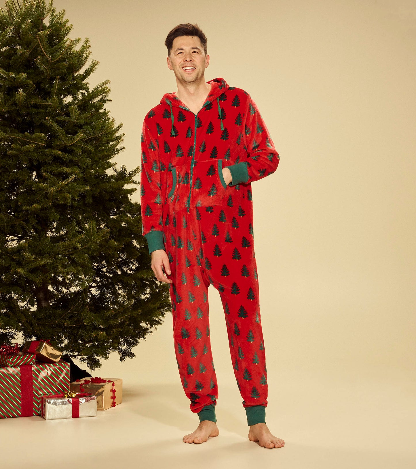 Adult Trees on Red Hooded Fleece Jumpsuit