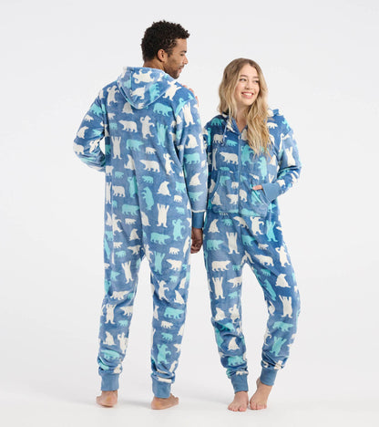 Adult Blue Polar Bears Hooded Fleece Jumpsuit