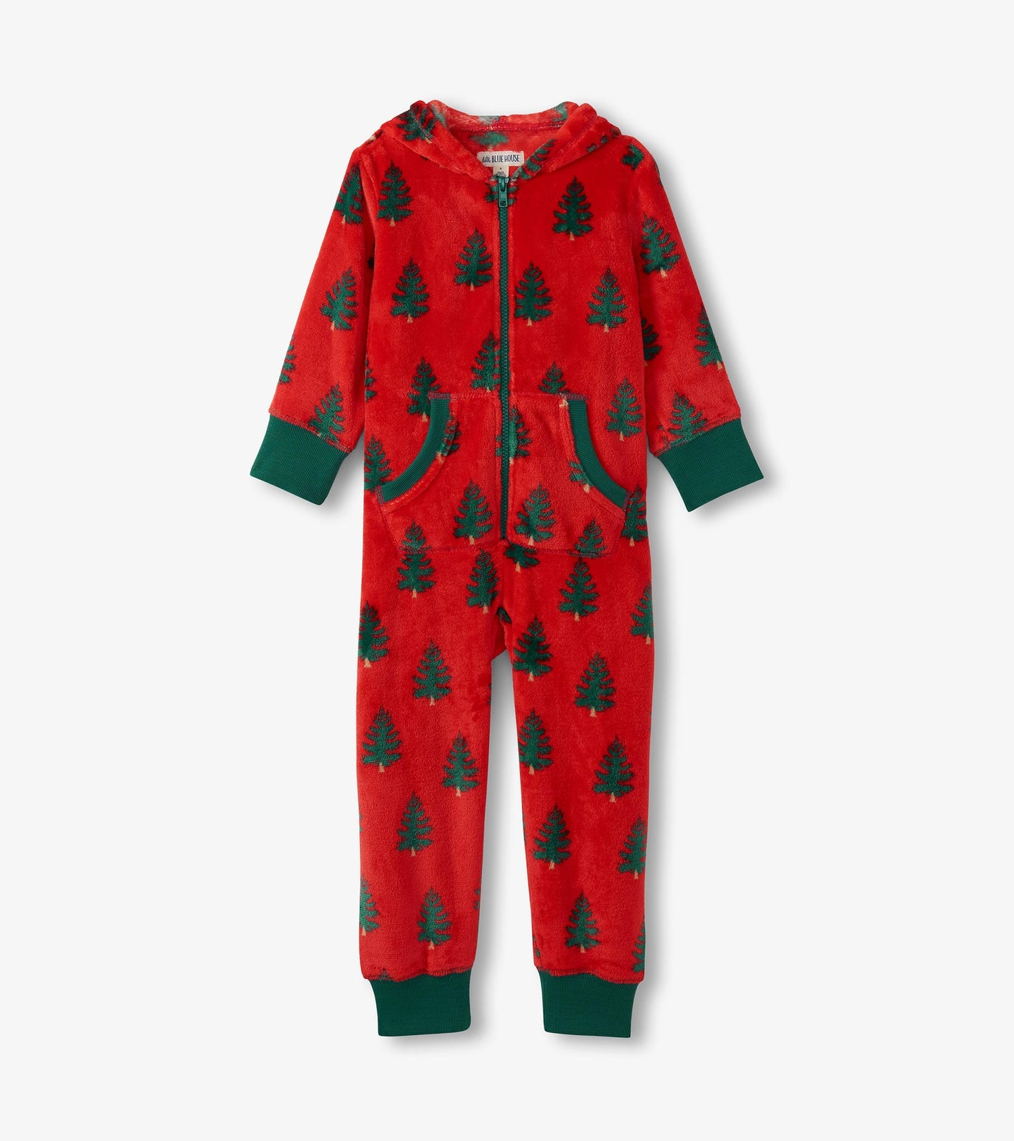 Kids Trees On Red Hooded Fleece Jumpsuit