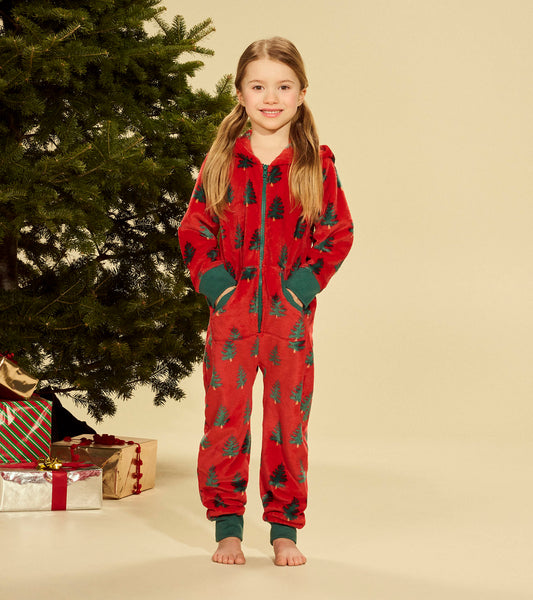 Kids Trees On Red Hooded Fleece Jumpsuit