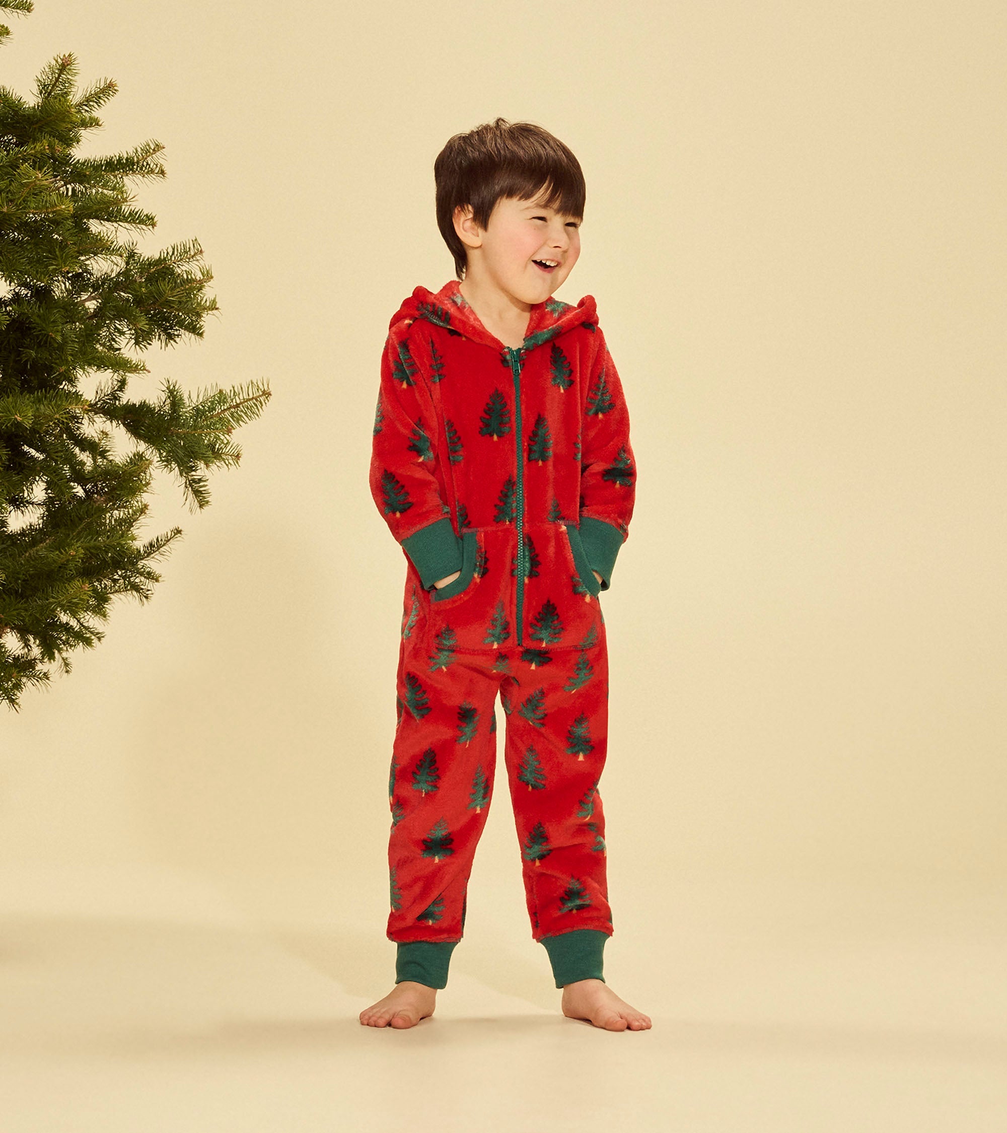 Kids Trees On Red Hooded Fleece Jumpsuit