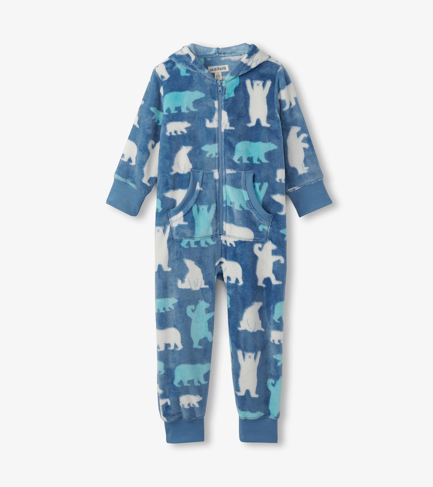 Kids Blue Polar Bears Hooded Fleece Jumpsuit