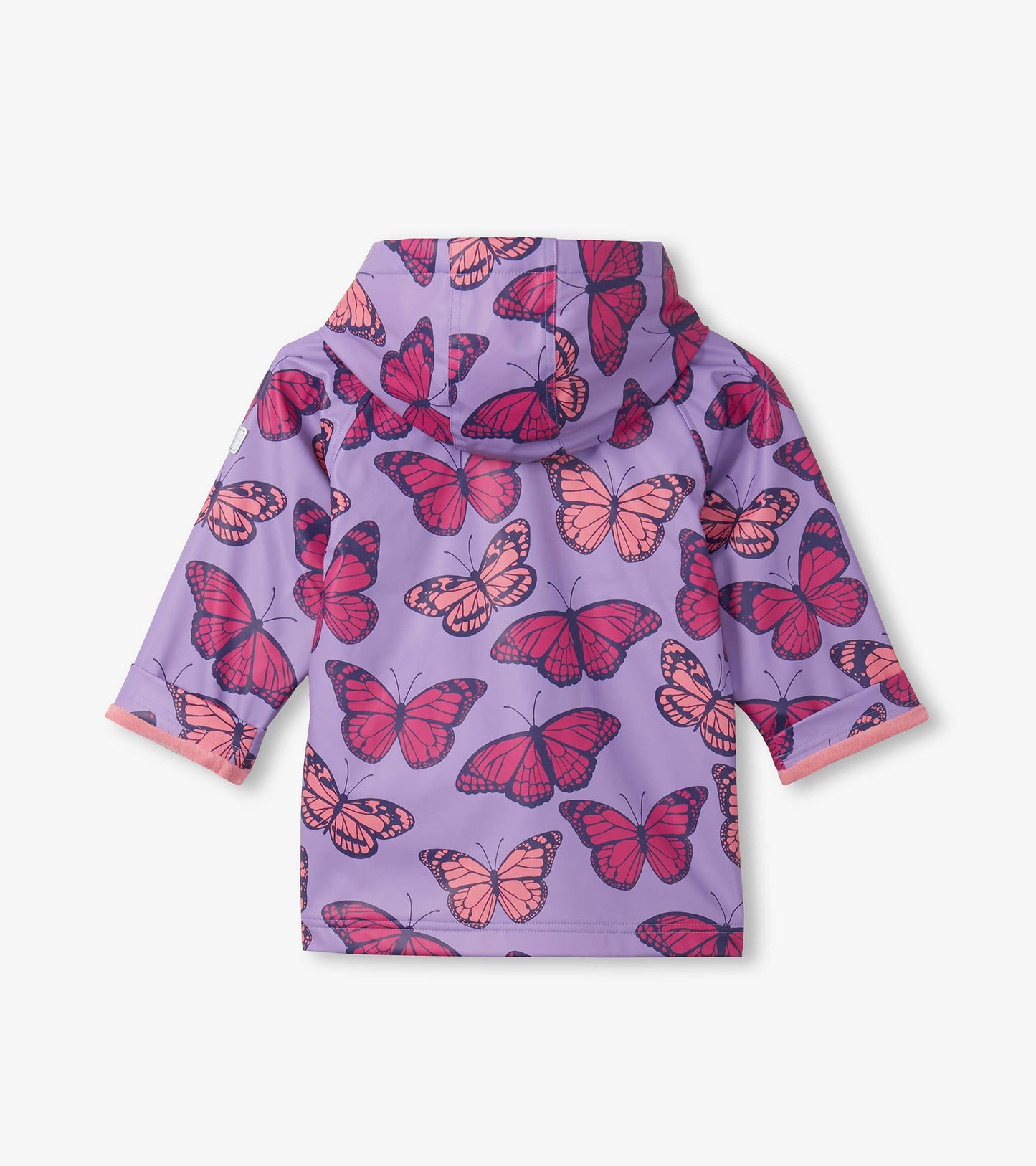 Purple hooded girls raincoat with pink and red butterfly print, front view