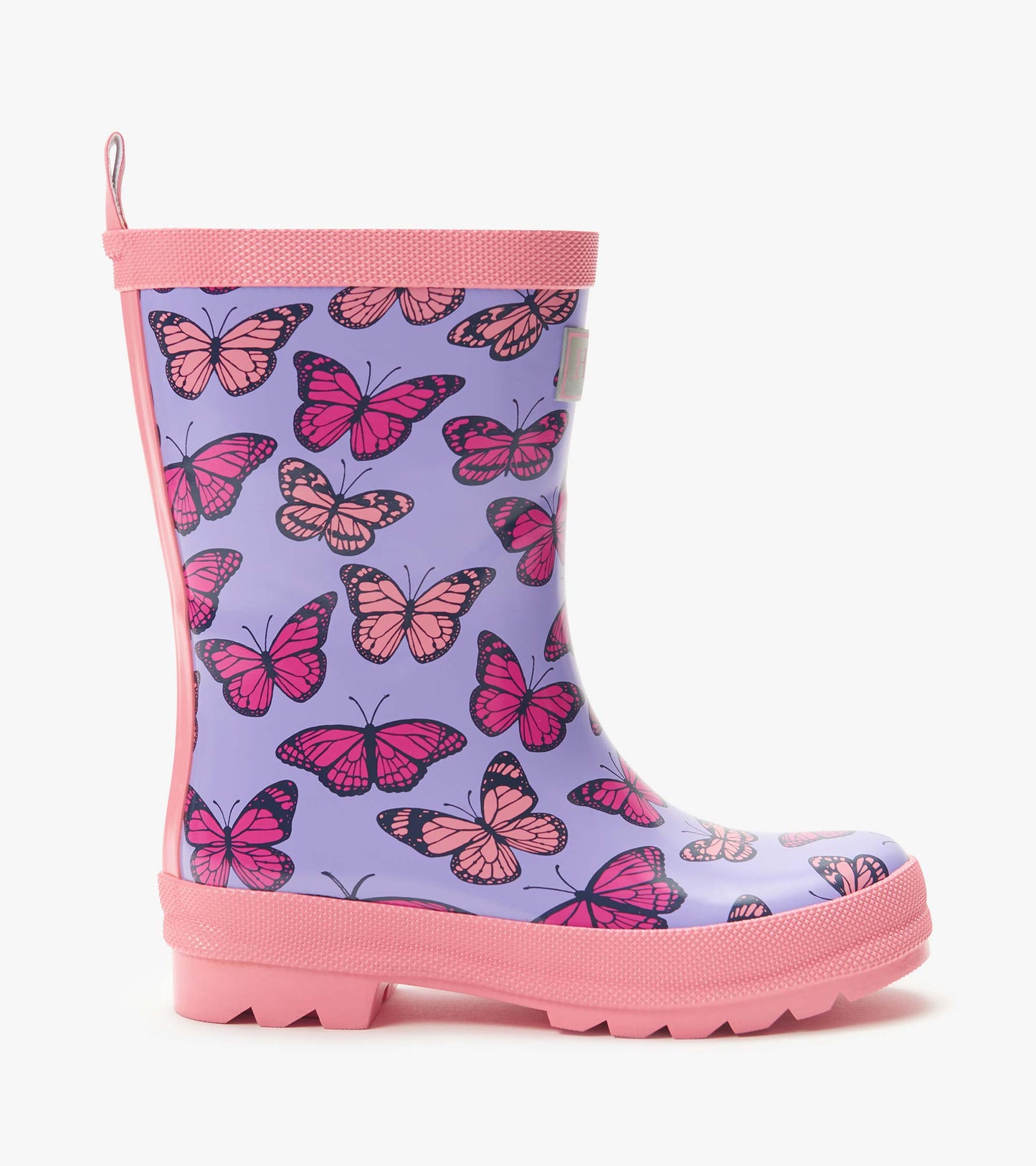 Purple kids rain boot with pink butterfly print and pink sole, side view