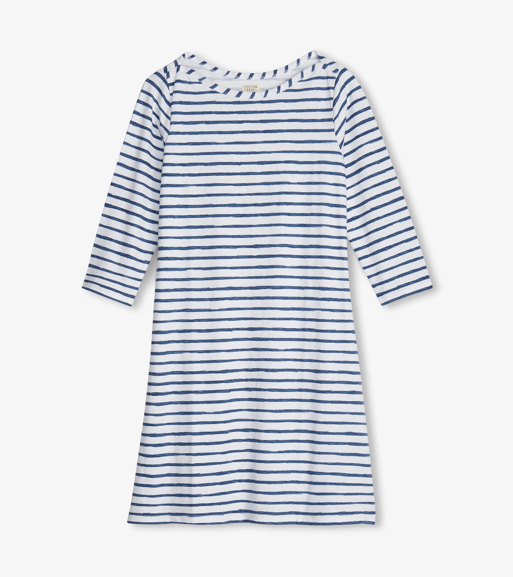 White dress with navy watercolor stripes, 3/4 sleeves, and a relaxed fit, suitable for summer wear.