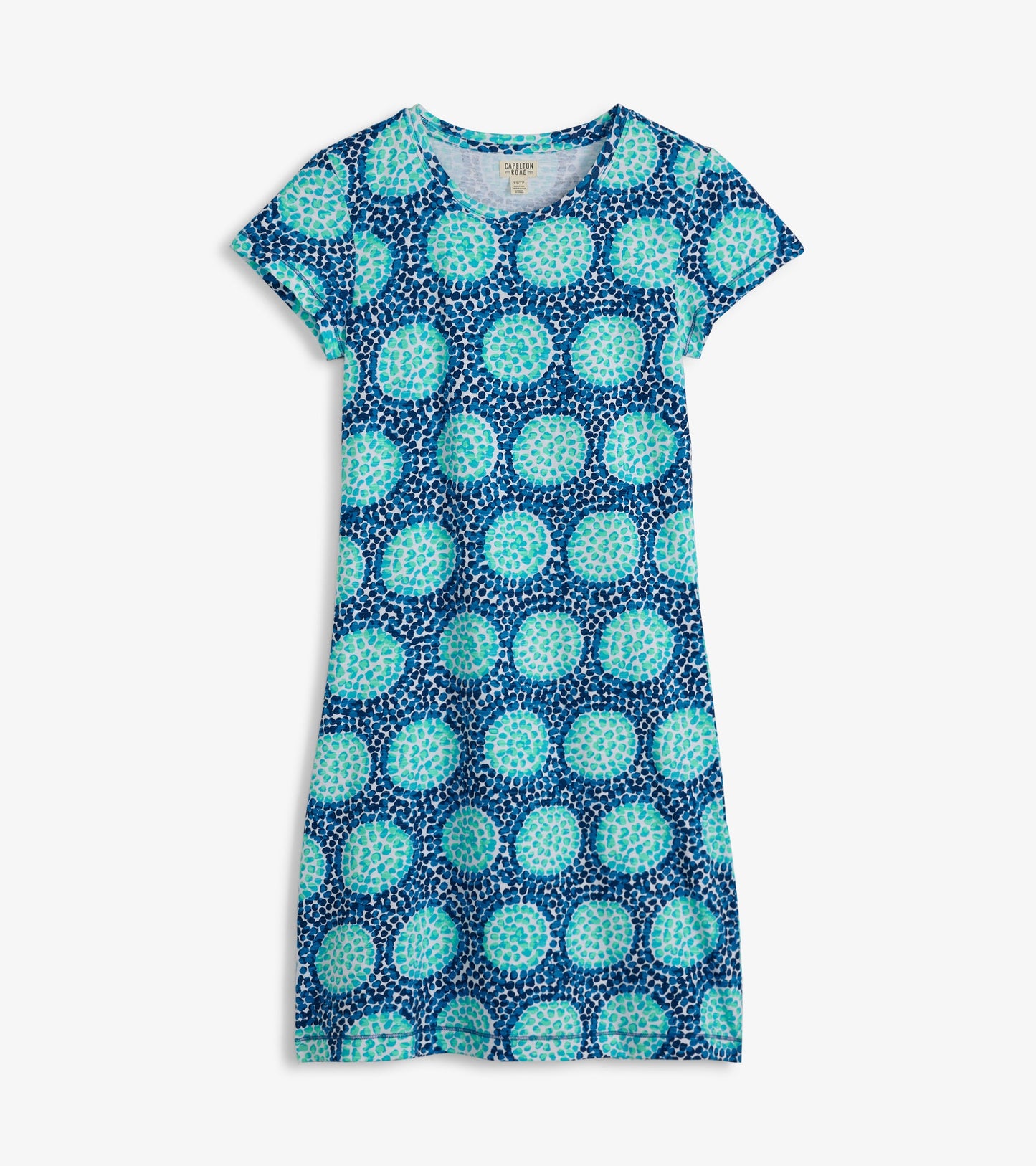 Short-sleeve crew neck t-shirt dress featuring a blue and turquoise circular pattern on a dark background.
