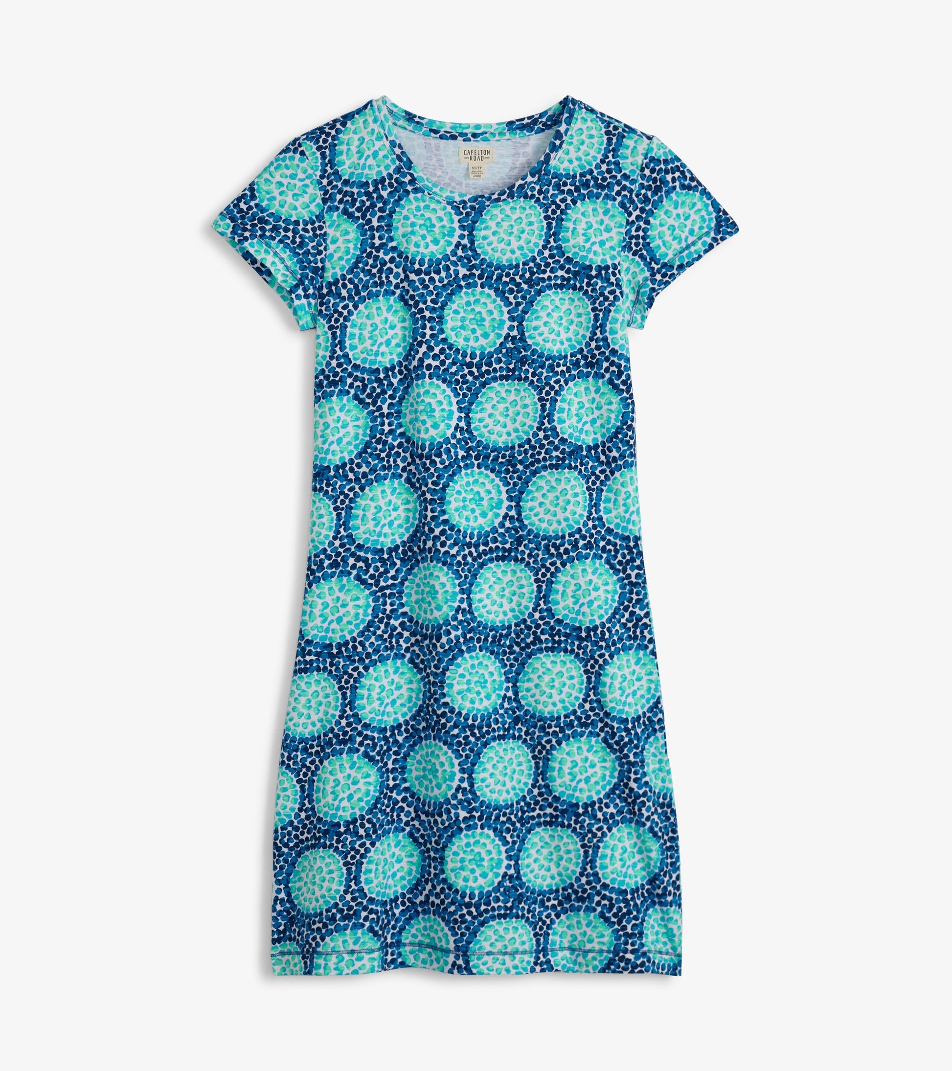 Short-sleeve crew neck t-shirt dress featuring a blue and turquoise circular pattern on a dark background.