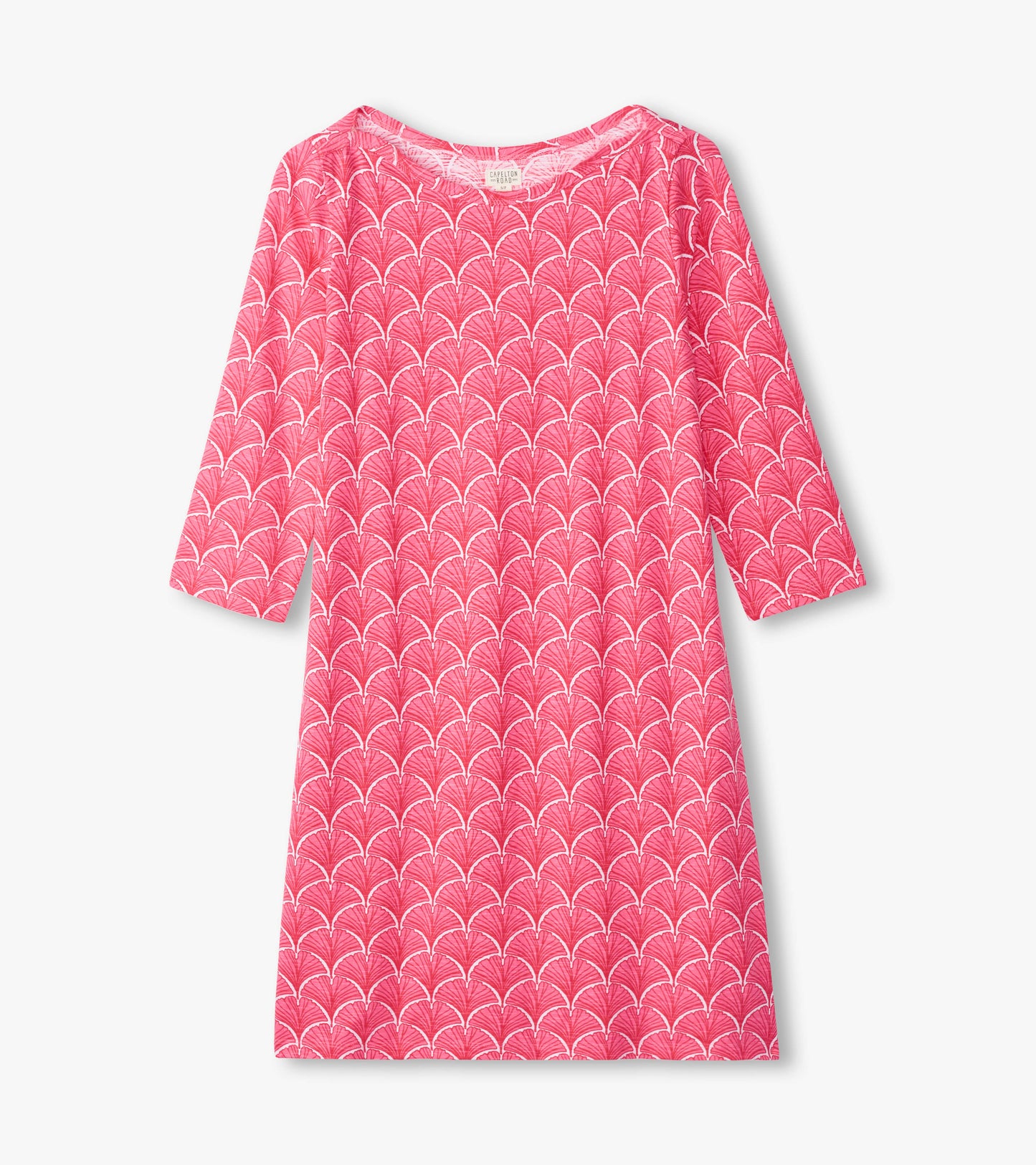 Coral summer dress with 3/4 sleeves and a fan pattern, perfect for warm weather.