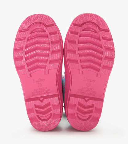 Pair of bright pink rain boots soles with textured tread, shown from the bottom view