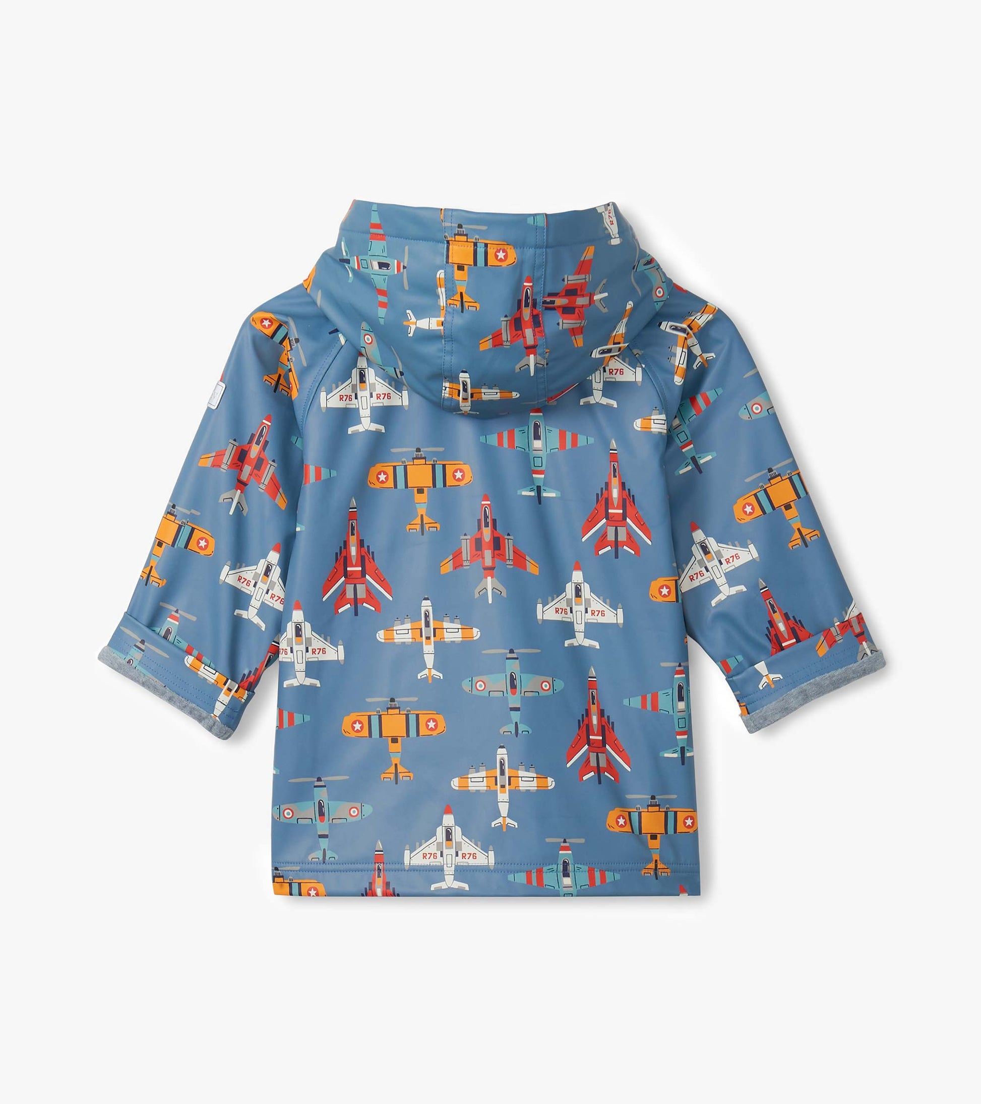 Blue hooded kids raincoat with colorful airplane print, front view, long sleeves and button-up style