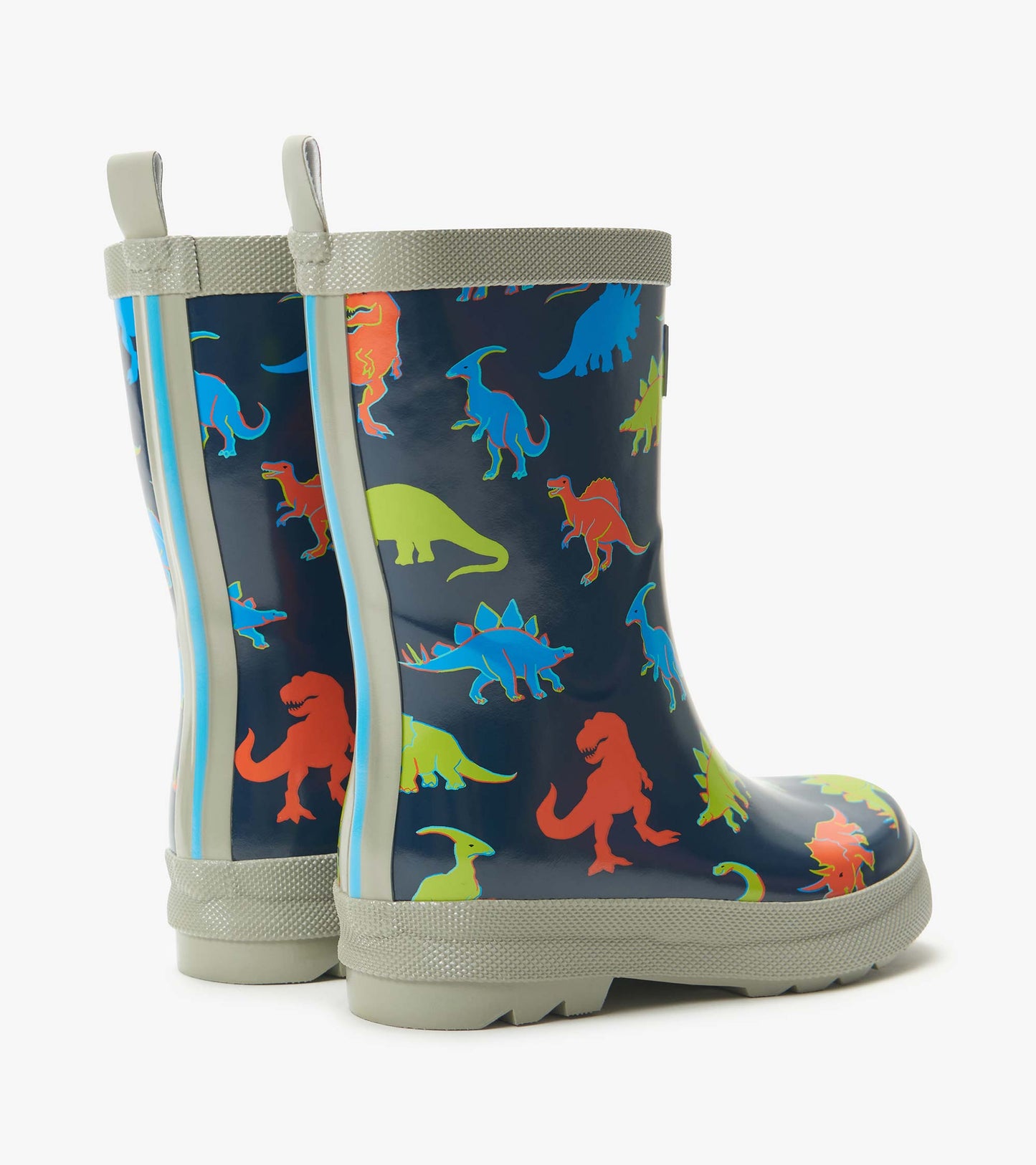 Kids navy rain boots with colorful dinosaur print and light gray trim, side view