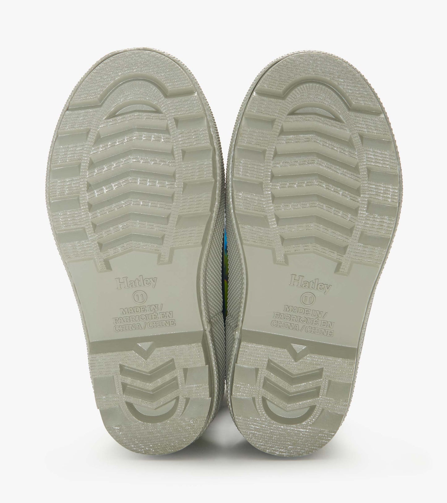 Pair of light gray rain boot soles with textured tread, shown bottom view