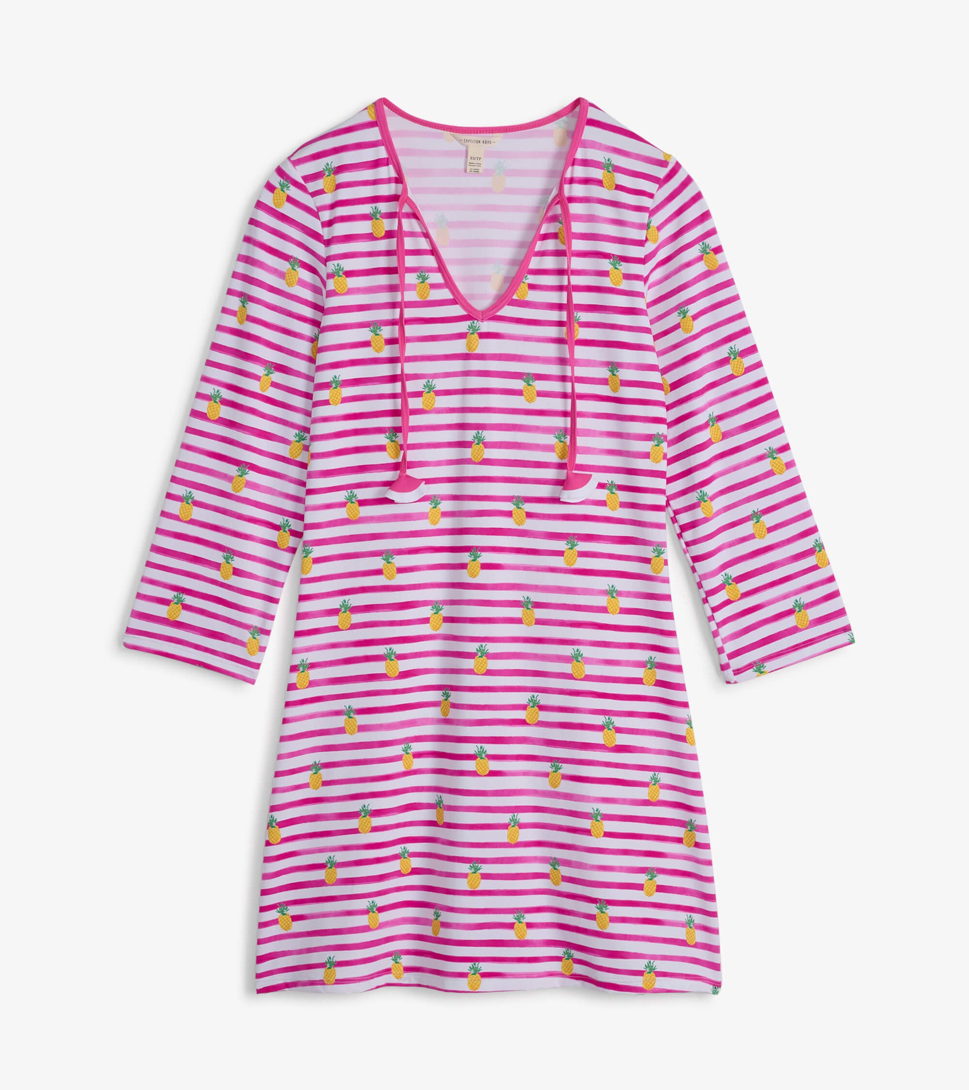 Pink and white striped beach dress with pineapple pattern and a V-neckline, featuring three-quarter sleeves.